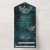 Masquerade mask chic gold glitter quinceanera teal all in one invitation (Inside)