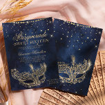 Masquerade mask chic gold glitter sparkle Sweet 16 Invitation<br><div class="desc">A modern,  chic and glamorous sweet sixteen with a hand drawn gold glitter masquerade mask with rose gold glitter diamond sparkles on a dark navy blue watercolor background.</div>