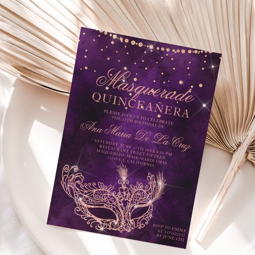 Masquerade mask chic rose gold glitter quinceanera invitation