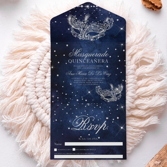 Masquerade mask chic silver glitter quinceanera all in one invitation (Masquerade mask chic silver glitter quinceanera all in one invitation)