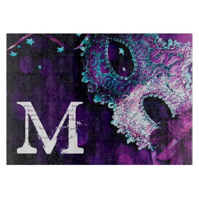 Masquerade Mask Costu Monogram Glass Cutting Board (Front)