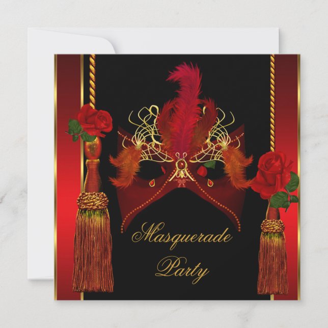 Masquerade Mask Elegant Black Red Rose Gold Invitation (Front)