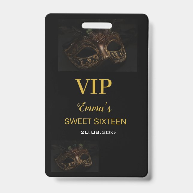 Masquerade Mask Elegant Gold Black Sweet 16 15 VIP Badge (Front)