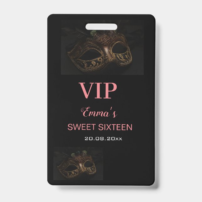 Masquerade Mask Elegant Pink Black Sweet 16 15 VIP Badge (Front)