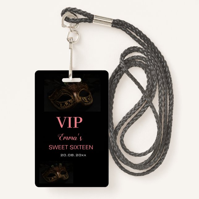 Masquerade Mask Elegant Pink Black Sweet 16 15 VIP Badge (Front with Lanyard)