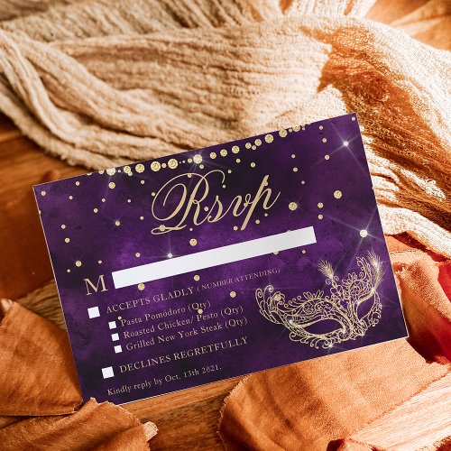 Masquerade mask elegant purple gold glitter RSVP