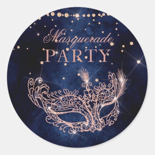 Masquerade mask elegant rose gold glitter sparkles classic round sticker