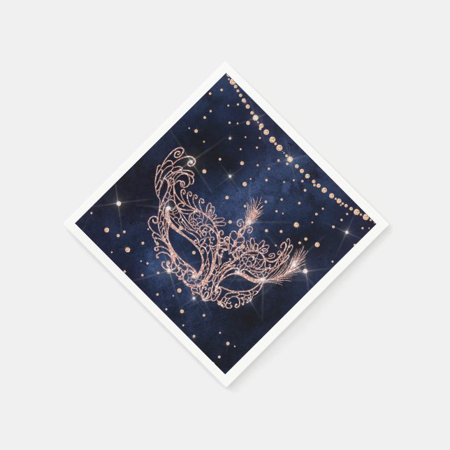 Masquerade mask elegant rose gold glitter sparkles napkins (Corner)