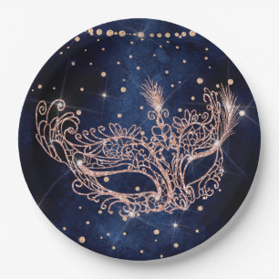 Masquerade mask elegant rose gold glitter sparkles paper plates