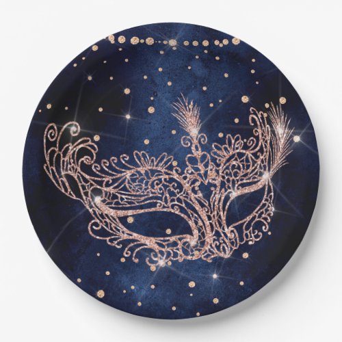 Masquerade mask elegant rose gold glitter sparkles paper plates