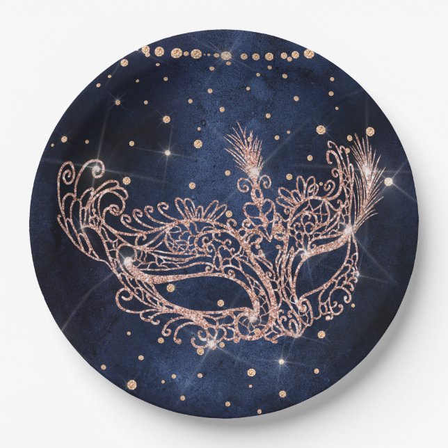 Masquerade mask elegant rose gold glitter sparkles paper plates (Front)