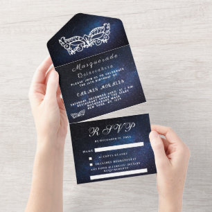 Masquerade Mask Galaxy Blue Stars Quinceanera All In One Invitation