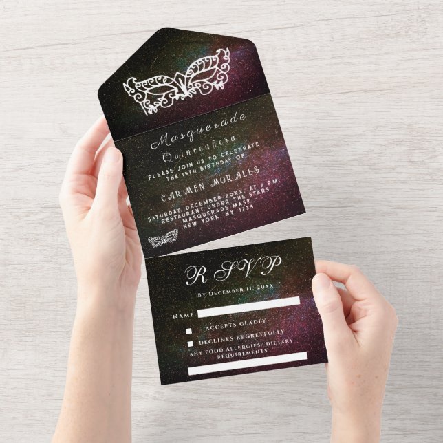 Masquerade Mask Galaxy Sky Stars Quinceanera All In One Invitation (Tearaway)