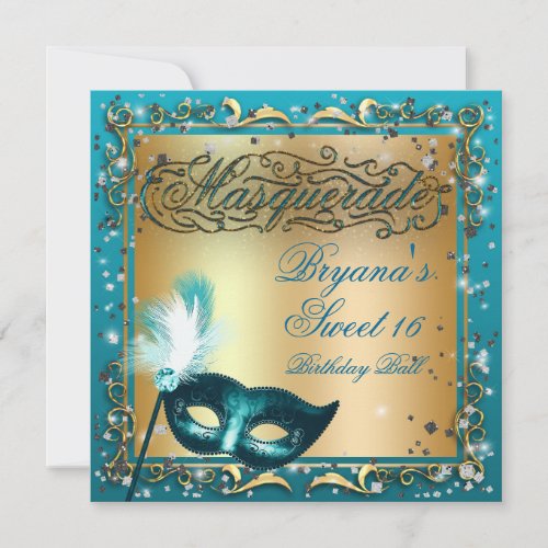 Masquerade Mask Gold  Aqua Teal Birthday Party Invitation