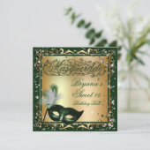 Masquerade Mask Gold & Green Birthday Party Invitation (Standing Front)