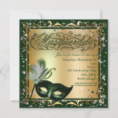Masquerade Mask Gold & Green Birthday Party Invitation (Back)