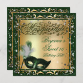 Masquerade Mask Gold & Green Birthday Party Invitation (Front/Back)