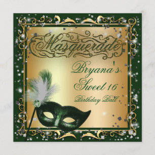 Masquerade Mask Gold & Green Birthday Party Invitation