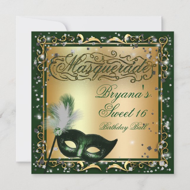 Masquerade Mask Gold & Green Birthday Party Invitation (Front)