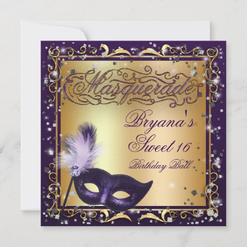 Masquerade Mask Gold  Purple Birthday Party Invitation