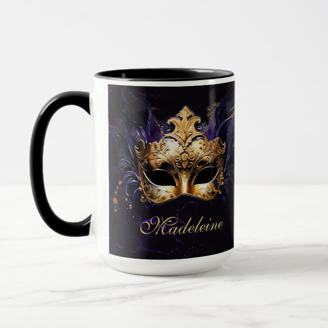 Masquerade Mask Gold Purple Black Moody Name Gift Mug (Left)