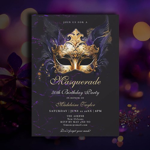 Masquerade Mask Gold Purple Dramatic 50th Birthday Invitation