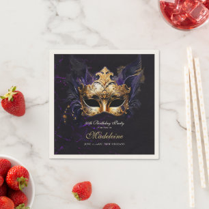 Masquerade Mask Gold Purple Dramatic 50th Birthday Napkins