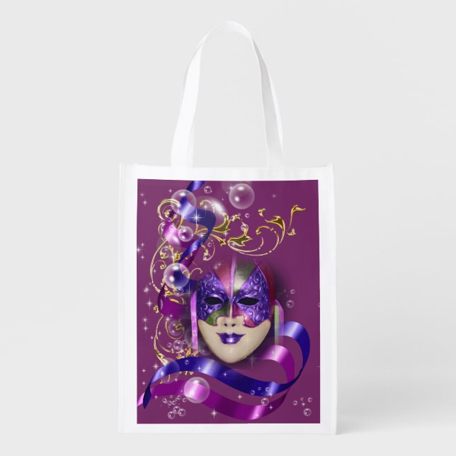 Masquerade mask gold purple floral swirl grocery bag (Front)