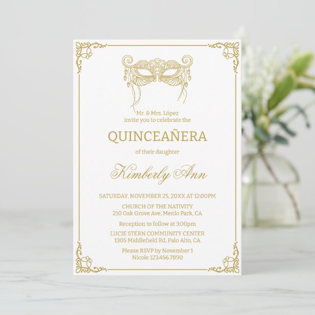 Masquerade mask gold  quinceanera invitation (Standing Front)