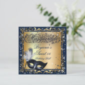 Masquerade Mask Gold & Royal Blue Birthday Party Invitation (Standing Front)