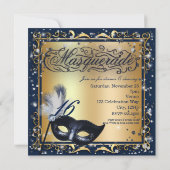 Masquerade Mask Gold & Royal Blue Birthday Party Invitation (Back)