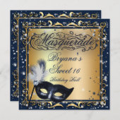 Masquerade Mask Gold & Royal Blue Birthday Party Invitation (Front/Back)