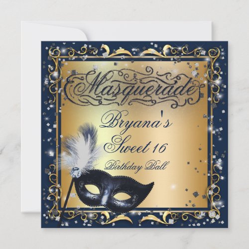 Masquerade Mask Gold  Royal Blue Birthday Party Invitation