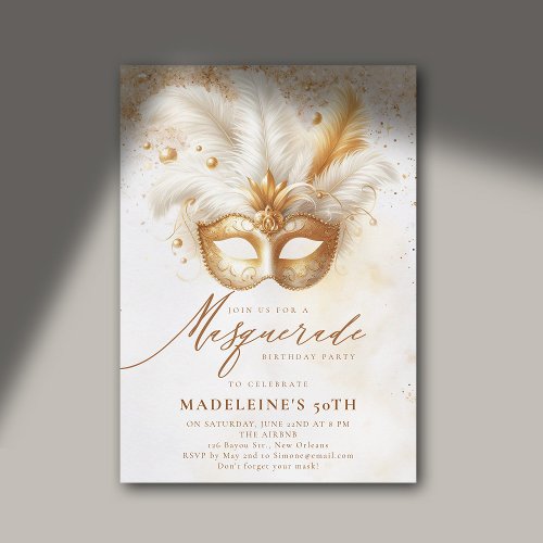 Masquerade Mask Gold White Dramatic 50th Birthday Invitation