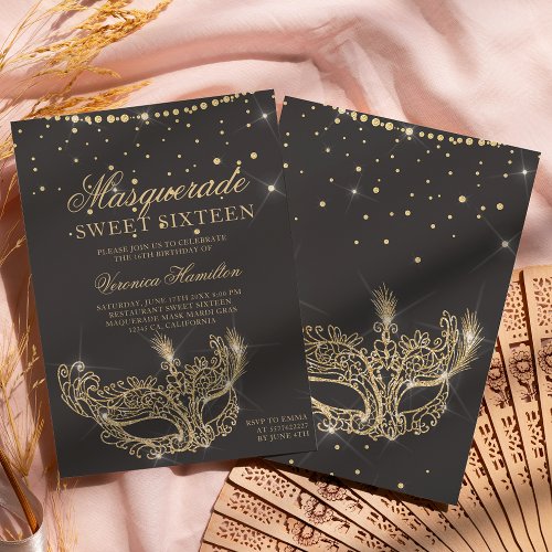 Masquerade mask gray gold glitter Sweet 16 Invitation