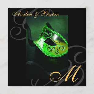 Masquerade Mask Green Swirl Wedding Invitation