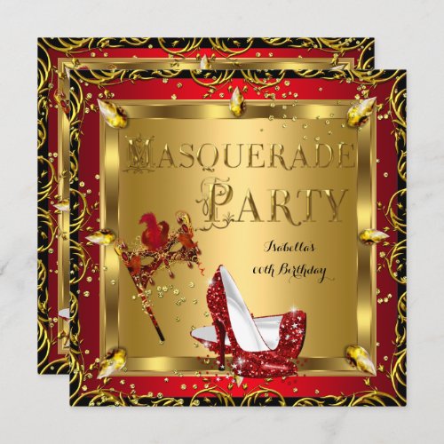 Masquerade Mask High Heel Red Gold Birthday 2 Invitation