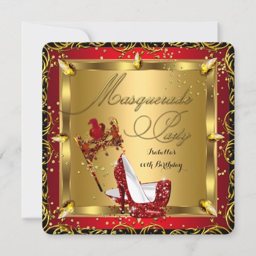 Masquerade Mask High Heel Red Gold Birthday Invitation