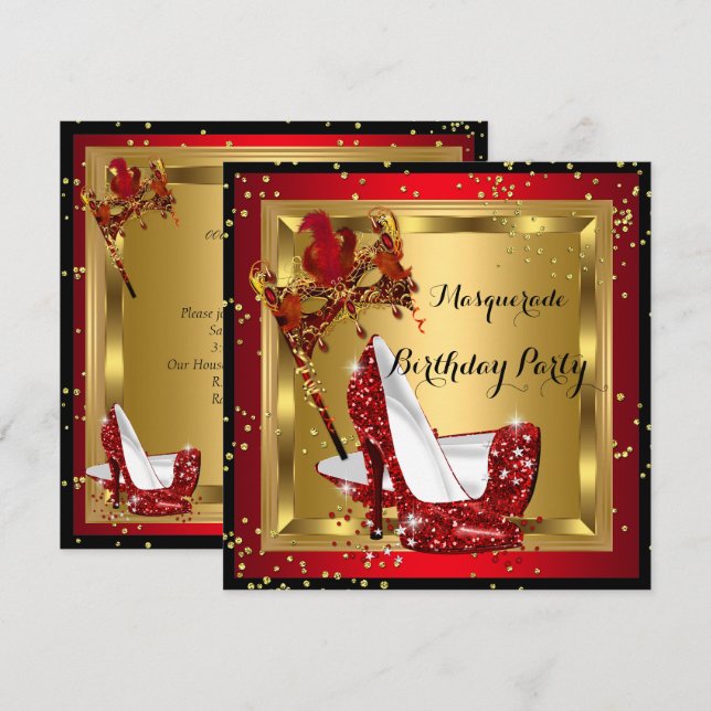 Masquerade Mask High Heel Shoe Red Birthday 2 Invitation (Front/Back)