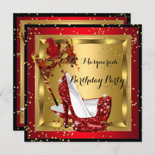 Masquerade Mask High Heel Shoe Red Birthday 2 Invitation