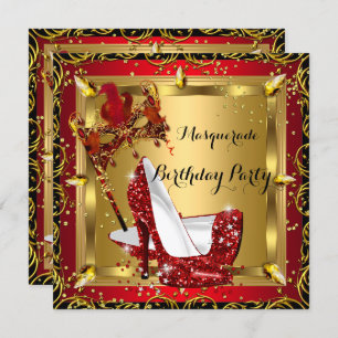Masquerade Mask High Heel Shoe Red Birthday 3 Invitation