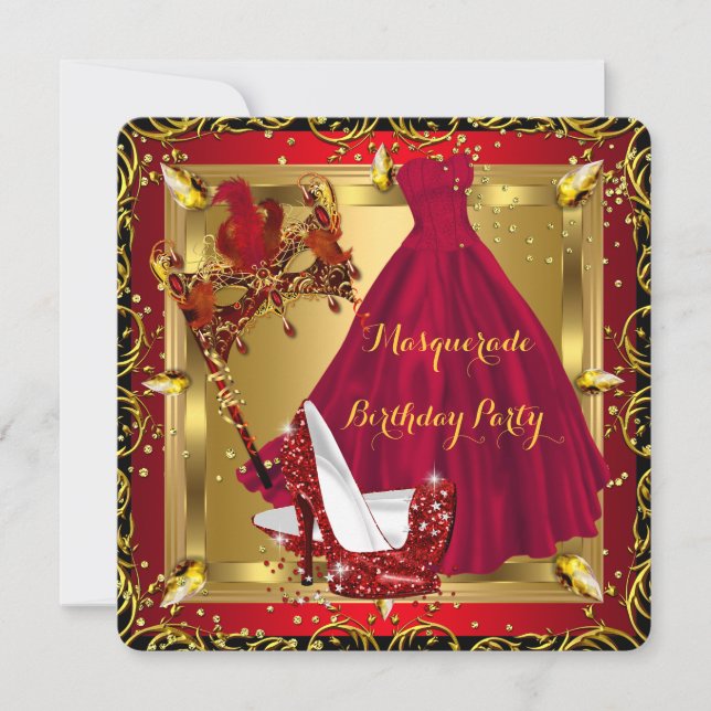 Masquerade Mask High Heel Shoe Red Birthday 4 Invitation (Front)