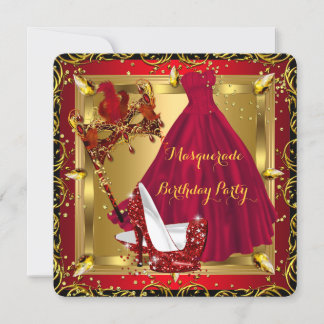 Masquerade Mask High Heel Shoe Red Birthday 4 Invitation