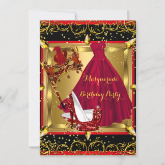 Masquerade Mask High Heel Shoe Red Birthday 4 Invitation