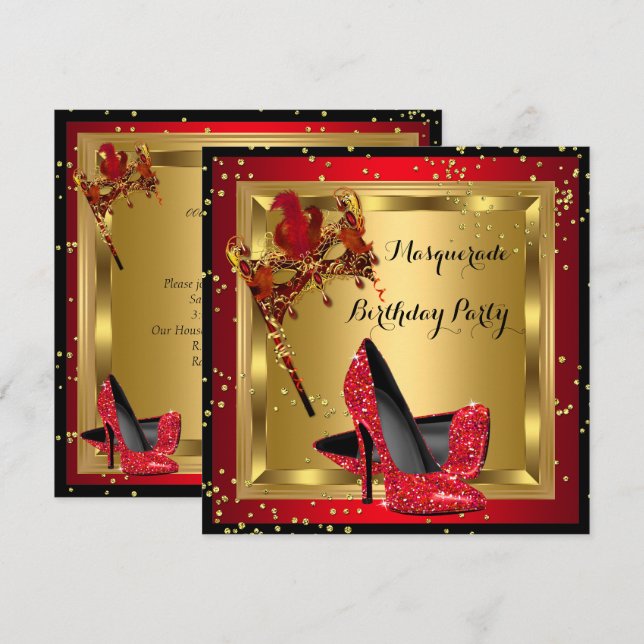 Masquerade Mask High Heel Shoe Red Birthday A Invitation (Front/Back)