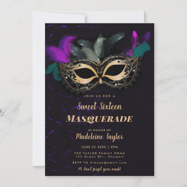 Masquerade Mask Hot Pink Gold Black Sweet 16 Party Invitation (Front)