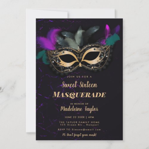 Masquerade Mask Hot Pink Gold Black Sweet 16 Party Invitation