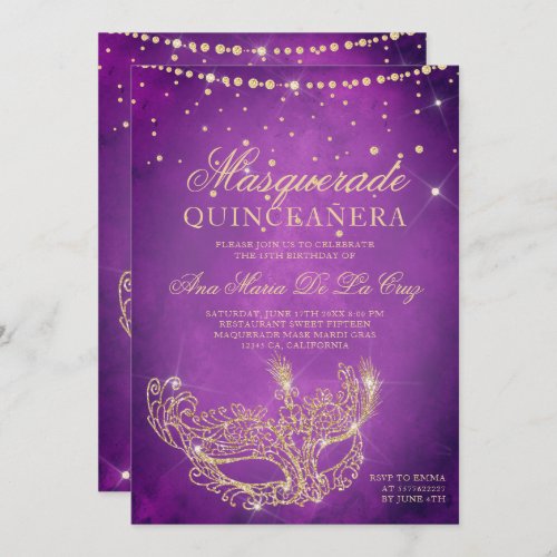 Masquerade mask lilac gold glitter quinceanera invitation