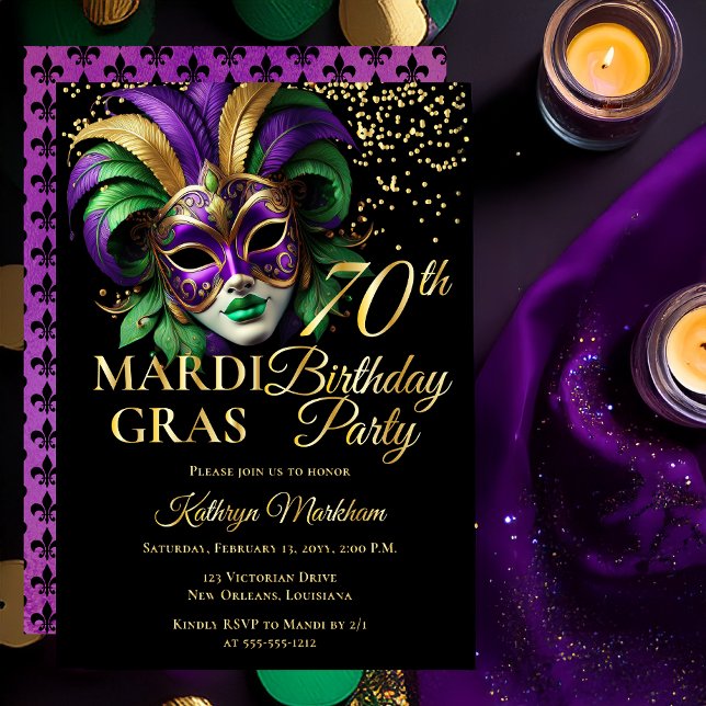 Masquerade Mask Mardi Gras 70th Birthday Party Foil Invitation (Elegant Purple Green Gold Tone Masquerade Mask Mardi Gras 70th Birthday Party Gold Foil Invitation )