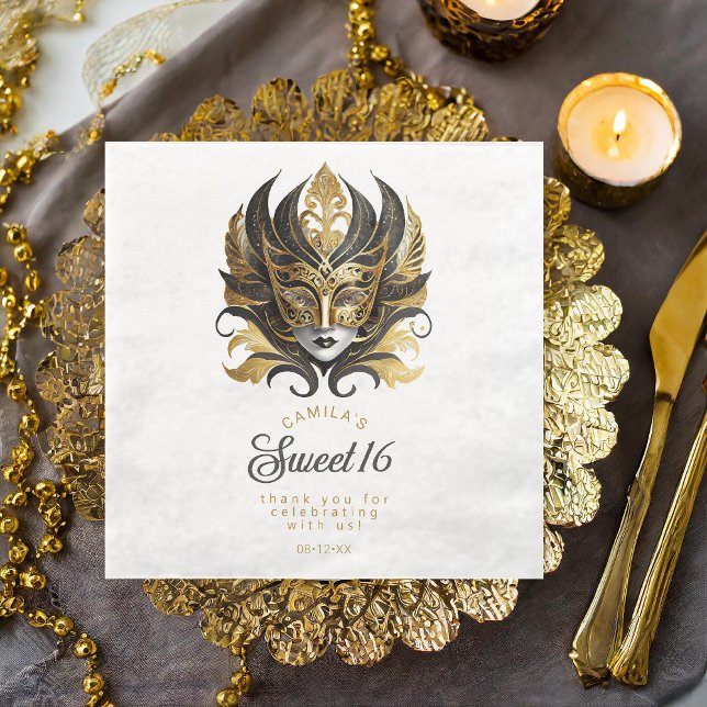 Masquerade Mask Motif Black Gold White ID1032 Paper Dinner Napkins (Creator Uploaded)